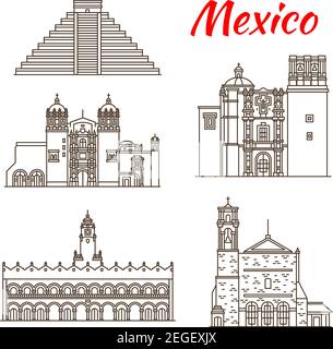 Travel landmark of Mexico and ancient Mesoamerica icon. Sacromonte Church, Aztec Pyramid of Chichen Itza and Saint Augustin Church, Monastery of Santo Stock Vector