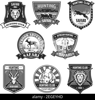 African safari animal hunting club and outdoor adventure badge set. African elephant, lion, rhino, antelope, panther, leopard with rifle and savanna l Stock Vector