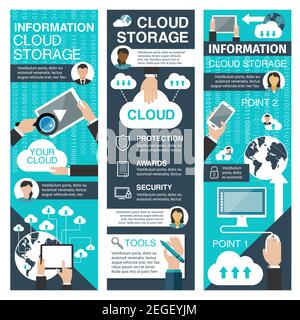Cloud technologies vector banner. Concept of online storage and remote access from mobile devices. Infographic design with cloud computing elements. S Stock Vector