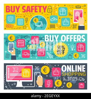 Buy safety and internet shop technology vector banners for online shopping. Digital retail store shopping privacy and fingerprint security for user bu Stock Vector