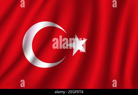 Turkey flag 3D of white crescent moon and star on red color background. Turkish republic European country official national flag waving with curved fa Stock Vector