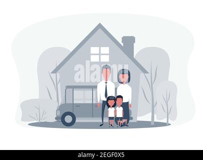 Family with Car and House Stock Vector
