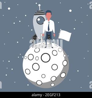 Successful businessman gets the moon holding a flag. Stock Vector