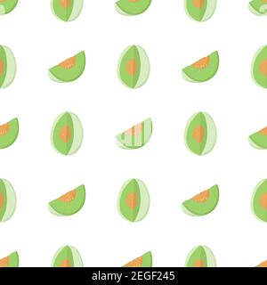 Cartoon illustration with green whole honeydew and slice seamless pattern. Sweet melon fruit art for print design, fabric, textile, wrapping paper. Fresh cantaloupe melon background. Stock Vector