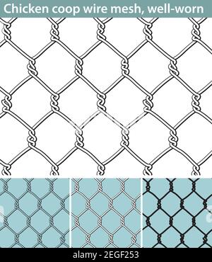 Three different versions of a seamless pattern with a wire mesh for chicken coops: unfilled, with white filling and in silhouette. The wire is deforme Stock Vector
