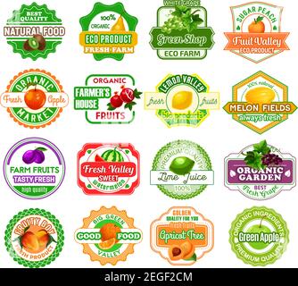 Fruits icons and labels for fruit juice or farmer market products. Vector badges set for organic kiwi, pear or grape and peach, natural apple or garne Stock Vector