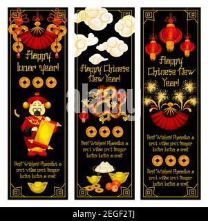 Chinese New Year banner set. Dancing dragon, god of wealth and folding fan greeting card, decorated by spring festival lantern, golden coin, firework Stock Vector