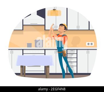 Electrician profession cartoon icon of electrical worker with tool, blue uniform and hard hat. Repairman changing light bulb in kitchen lamp for elect Stock Vector