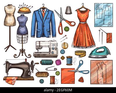 Sewing tool and tailor equipment sketch for atelier or fashion workshop design. Sewing machine, needle and scissors, thread, button and pin, mannequin Stock Vector