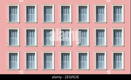 Window wooden shutters on pastel pink color painted wall background. Blue pale european style closed windows with ornamental frame on apartment buildi Stock Photo