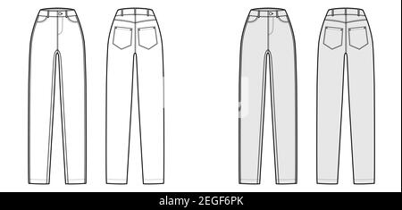 Skinny Jeans Denim pants technical fashion illustration with full length, normal waist, coin, angled 5 pockets, Rivets. Flat bottom template front, back white grey color style. Women unisex CAD mockup Stock Vector