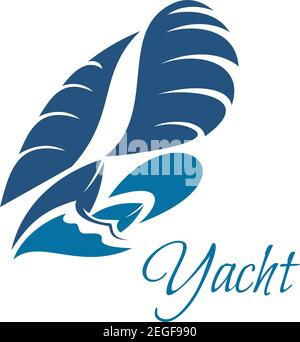 Yacht icon for yachting club or blue sailboat on sea waves for sport club or marine travel adventure. Vector yacht ship on sails for ocean cruise jour Stock Vector