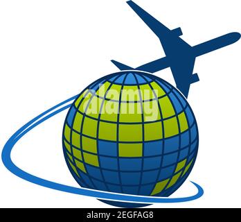 Airplane flying around world globe icon for travel agency or transportation and mail post logistics company. Vector isolated symbol of aircraft jet ov Stock Vector