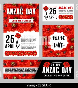 Anzac Day flower banner template for commemorates of Australian and New Zealand Army Corps. Remembrance Day of World War soldiers poster with red popp Stock Vector