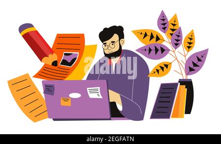 Copywriter writing article on laptop at workplace Stock Vector