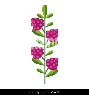 Simple minimalistic bright green branch with leaf and pink berries. Flower collection of colorful plants for seasonal decoration . Stylized icons of b Stock Vector