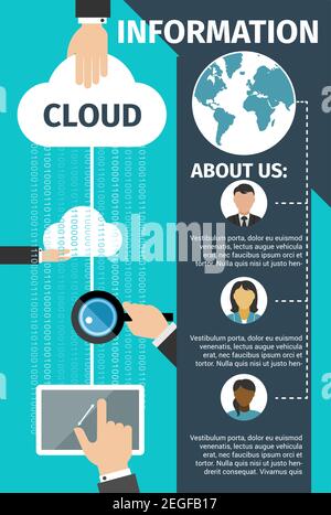 Internet cloud data technology poster or landing page. Vector flat design for web cloud networking and data sharing and internet security provider com Stock Vector