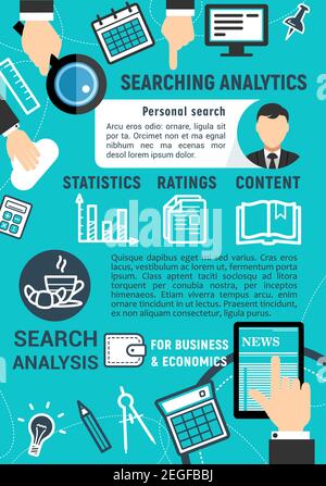 Internet search analytics and statistics poster. Vector flat design of personal web search statistics, ratings and files content for internet business Stock Vector