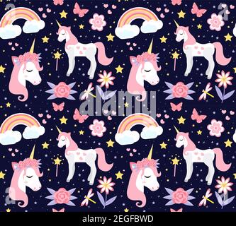 Seamless pattern with cute unicorns, stars, hearts, rainbow, moon, doodle abstractions. Magic endless background with little unicorns. Hand drawn Stock Vector