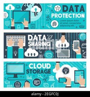 Data protection and internet privacy security banners for web cloud storage sharing and digital communication technology. Vector flat design of smartp Stock Vector
