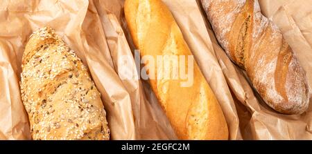 Freshly baked delicious bread, ciabatta. Homemade baked various baguette, whole wheat , oat and rye loaf. Healthy lifestyle, multi seeds, gluten free Stock Photo