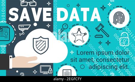 Data security banner for cloud computing technology concept. Cloud with padlock, key and fingerprint poster for data storage and information protectio Stock Vector