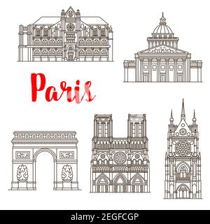 Paris famous landmark buildings and travel sightseeing architecture line icons. Vector set of Notre-Dame de Paris Cathedral, Saint Chapel church or Pa Stock Vector