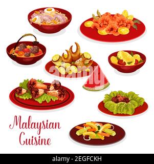 Malaysian cuisine icon with asian dinner dishes. Chicken noodle soup soto ayam, pickled vegetable salad, chili shrimp and chicken wings, crab claw, ch Stock Vector