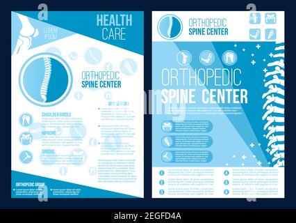 Orthopedics spine health center brochure. Vector flat design for radiology orthopedic research hospital for body joints and spine bones, orthopedic di Stock Vector