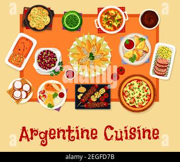 Argentinian cuisine icon. Grilled and baked beef, meat pie empanada, meat vegetable stew, herb sauce, onion tomato pizza, bean salad, chicken corn rol Stock Vector