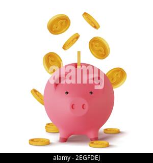 3d realistic moneybox in the form of a pig and coins falling, isolated on white background, vector Stock Vector