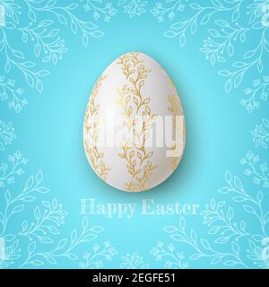 Realistic Gold and white easter eggs with flower ornaments on blue background. Vector Stock Vector