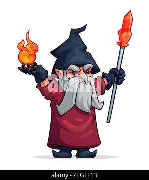 Wizard witch or evil wicked magician cartoon character. Vicious grumpy or angry old man dwarf or bad gnome in hat with magic fire and crystal crook wa Stock Vector