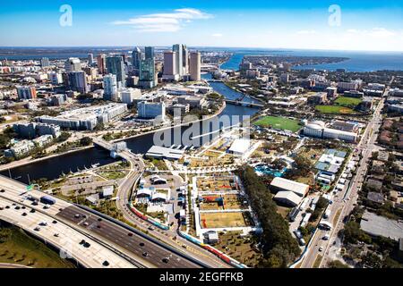 Aerial view of Raymond James Stadium practice fields and the city skyline in advance of Super Bowl LV February 2, 2021 in Tampa, Florida. Stock Photo