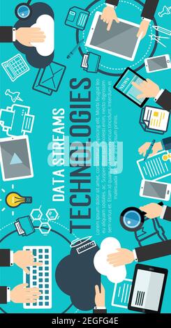 Data stream technology flat banner for big data management and cloud computing concept. User with laptop, mobile phone and desktop computer doing data Stock Vector