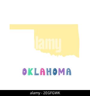 Oklahoma map isolated. USA collection. Map of Oklahoma - yellow silhouette. Doodling style lettering on white Stock Vector