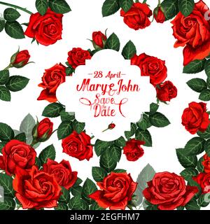 Save the Date wedding invitation card of floral bunch design for marriage greeting of flowers bouquet. Vector design of rd roses blossoms in bloom for Stock Vector