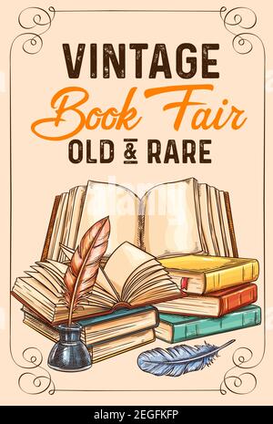 Old vintage books and rare literature sketch poster for library or bookshop and bookstore fair. Vector design of vintage book and writer writing stati