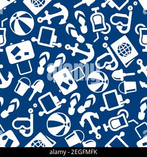Travel and summer beach vacation seamless pattern on blue background with cocktail, luggage, anchor, beach toys, diving mask, passport. Travel and bea Stock Vector