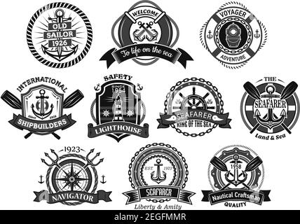 Marine seafarer or sailor vector icons. Heraldic badges set of nautical symbols of ship helm and anchor, captain navigator compass and voyager lightho Stock Vector