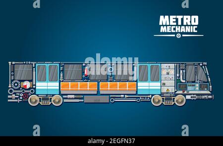 Subway train icon of metro mechanic concept with railcar parts. Underground railway transport poster with parts of engine, wheel and axle, door, gear Stock Vector
