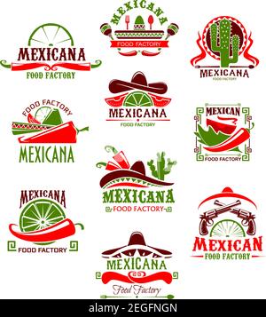 Mexican restaurant sign with pepper and sombrero. Spicy chili salsa and tomato sauce, taco, tequila and lime icon, decorated with cactus and maracas f Stock Vector