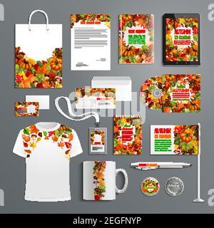 Autumn nature corporate identity template set. Fall season, pumpkin vegetable and forest mushroom frame layout for business card, envelope, letterhead Stock Vector