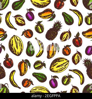 Fruits sketch icons in fruit pattern. Seamless background of fresh tropical, exotic and citrus fruits of mango, lemon, watermelon, banana, plum, apple Stock Vector