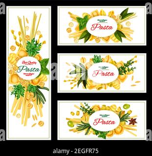 Pasta with spice and olives banner of italian food. Spaghetti, macaroni and ravioli pasta shapes, penne, fusilli and farfalle, cannelloni, rigatoni an Stock Vector