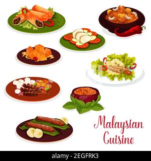 Malaysian cuisine dinner icon with asian dessert. Baked fish with rice, grilled chicken and meat pancake roll, ginger chicken with vegetable, lamb and Stock Vector