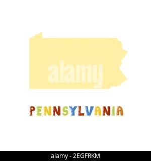 Pennsylvania map isolated. USA collection. Map of Pennsylvania - yellow silhouette. Doodling style lettering on white Stock Vector