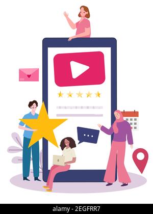 people give feedback rate comment for mobile video on smartphone with cartoon flat style Stock Vector