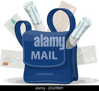 Mailbag of postman with mail cartoon icon. Blue bag of mailman with letter envelope, newspaper, magazine and copy space on front side for postal servi Stock Vector
