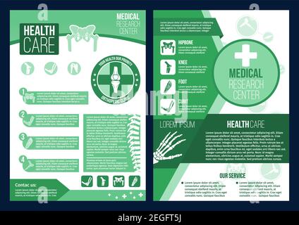 Healthcare medical center or health research clinic posters or brochure. Vector design fro orthopedics medicine or radiology orthopedic hospital of bo Stock Vector